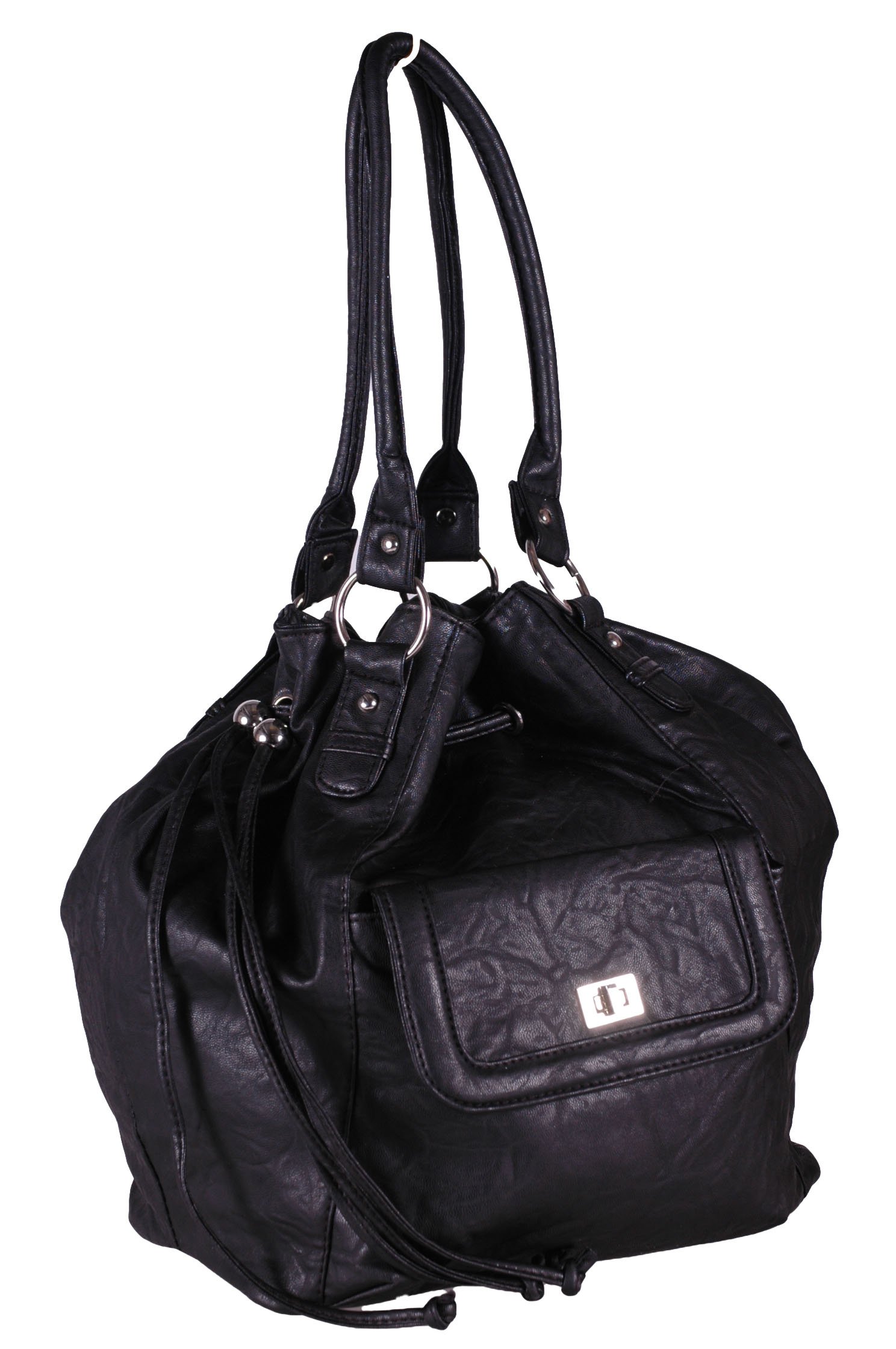 Eye Catch - Womens Faux Leather Drawstring Handbag Black