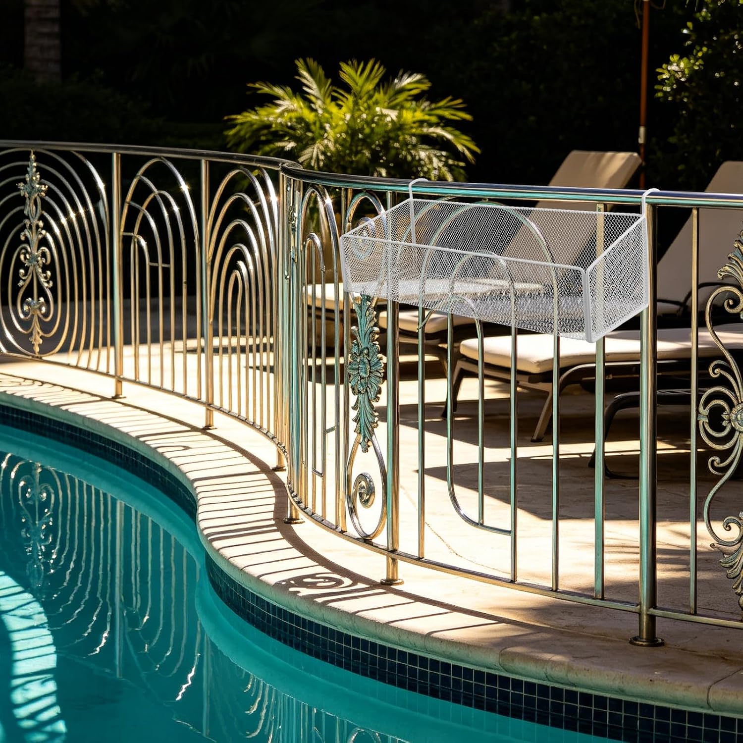 Metal Poolside Storage Basket for Square Railing, Above Ground Pool Accessories Mesh Caddy Hanging Organizer for Towel, Drink & Sunglasses, Space-Saving Poolside Shelf