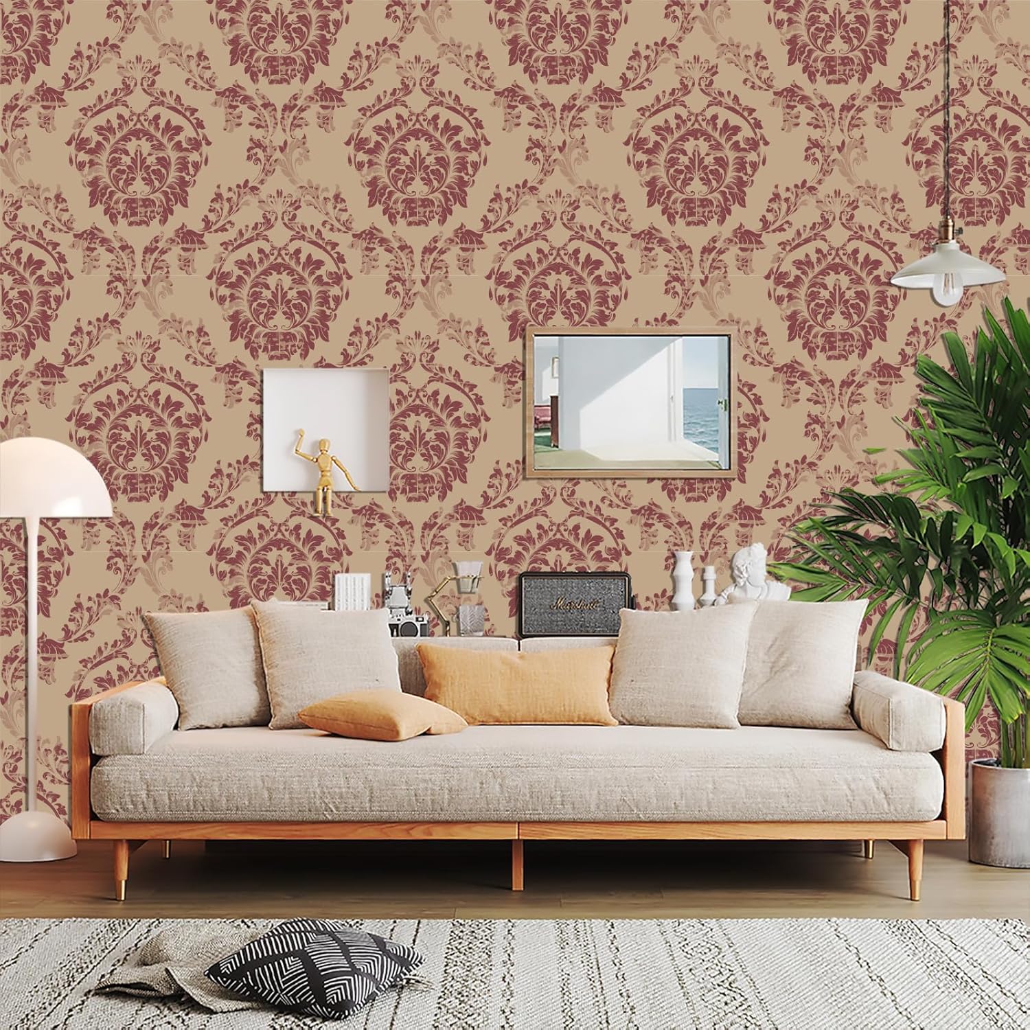 RANRAN Vintage Damask Peel and Stick Wallpaper, Self Adhesive Removable Wall Decorations, Burgundy and Beige, 17.3in x 118in, 14.2 Square Ft/Roll