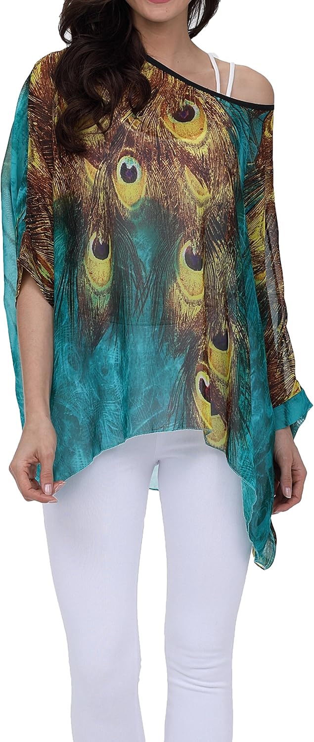 Nicetage Boho Top Sheer Dressy Blouse Chiffon Blouses for Women Sheer Poncho Flowy Batwing Tops Cruise Wear