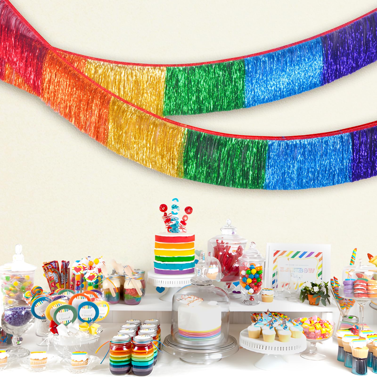 LOLStar Regenbogen-Lametta-Girlande, Metallic-Glitzer-Folien-Fransengirlande, hängende Regenbogen-Banner, Tischröcke für Geburtstag, Stolz, Parade, schwimmt