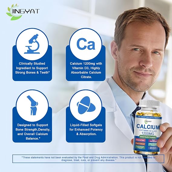 Calcium Supplements for Women - Calcium 1200 mg with Vitamin D3 & K2 - High Absorption Extra Strength Calcium Citrate for Bone Health, Strength, Density, Muscle, Heart Support - Slow Release, Non-GMO