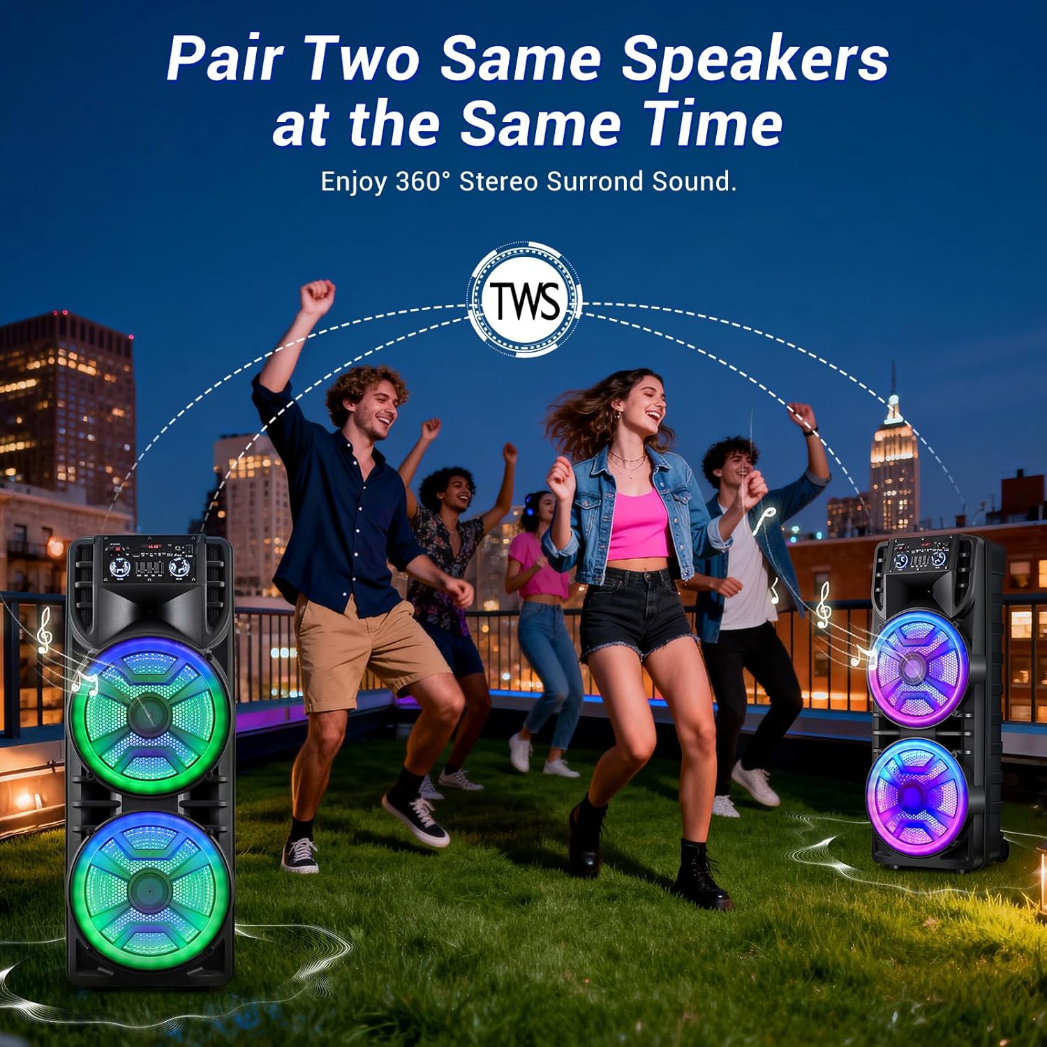 Dual 12’’ Wireless Party Bluetooth Speaker with Microphone, Remote, Portable PA Speaker System, RGB LED Party Lights, Karaoke Machine with Treble & Bass, FM/AUX/USB/TF/TWS/Echo - Image 5