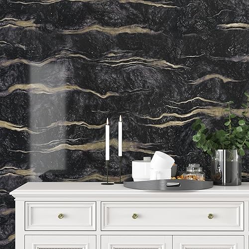 Miniatura 5 de VEELIKE Papel adhesivo de mármol negro y dorado para encimeras, impermeable, para encimeras de cocina, papel tapiz autoadhesivo de vinilo para