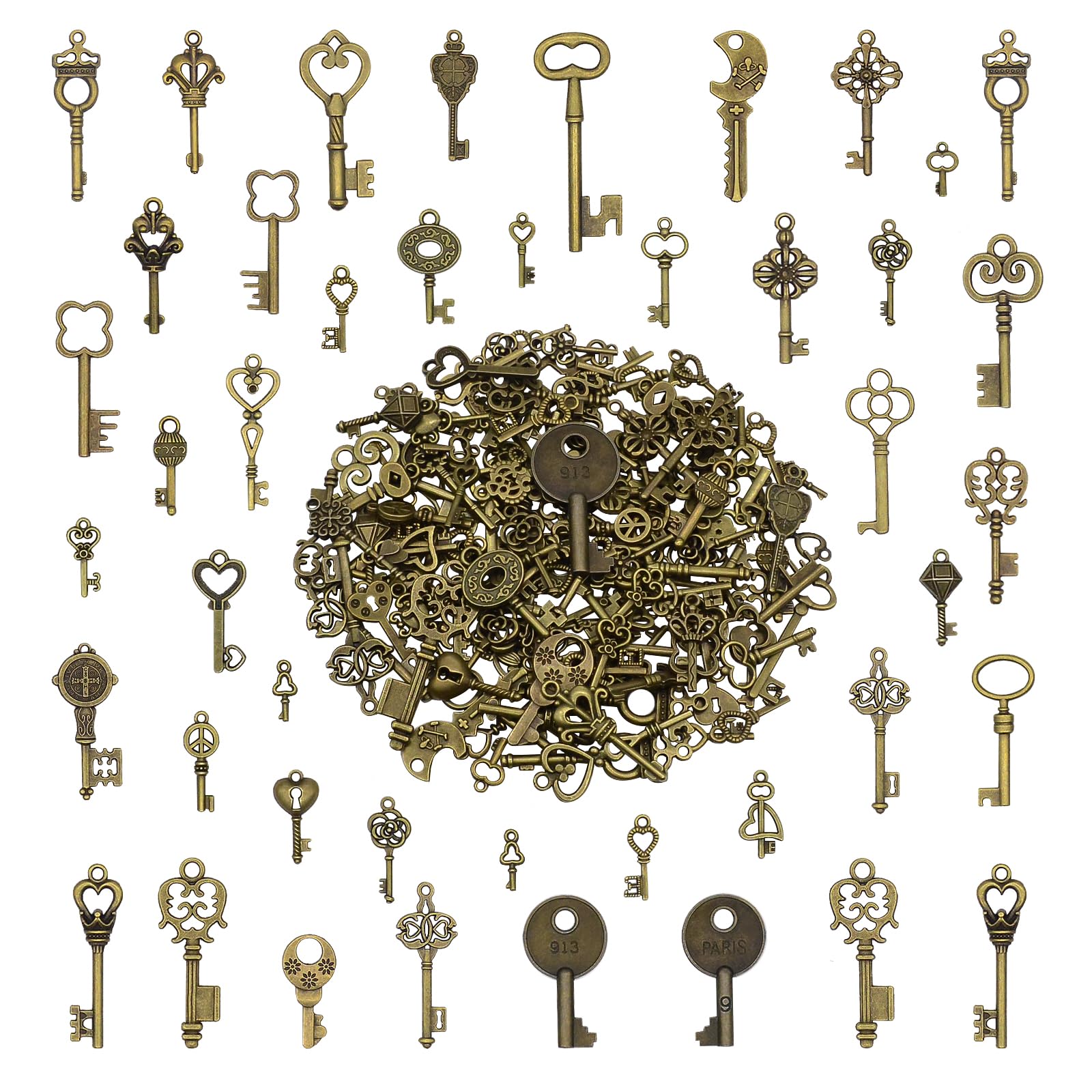 Vintage Crafts Skeleton Key Charms : 150Pcs Mixed Decorative Antique Style Bronze Small Keys Pendants for Jewelry Making, Handmade Keychain, Party Favors, Room Decor, Christmas Halloween Ornaments