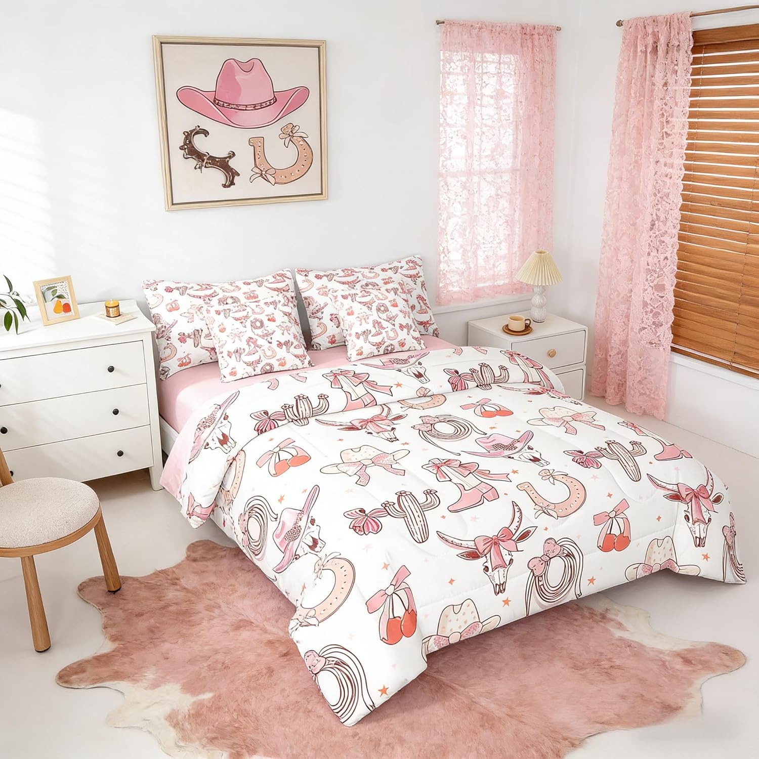 Manfei Western Cowgirl Bed Set in a Bag 7 Pcs,Princess Pink Bowknots Cute Cherry Bedding Set,Cowboy Hats Boots Horseshoe Bull Skull Comforter with Fitted,Flat Sheet,Pillowcase,Pillow Covers,Full