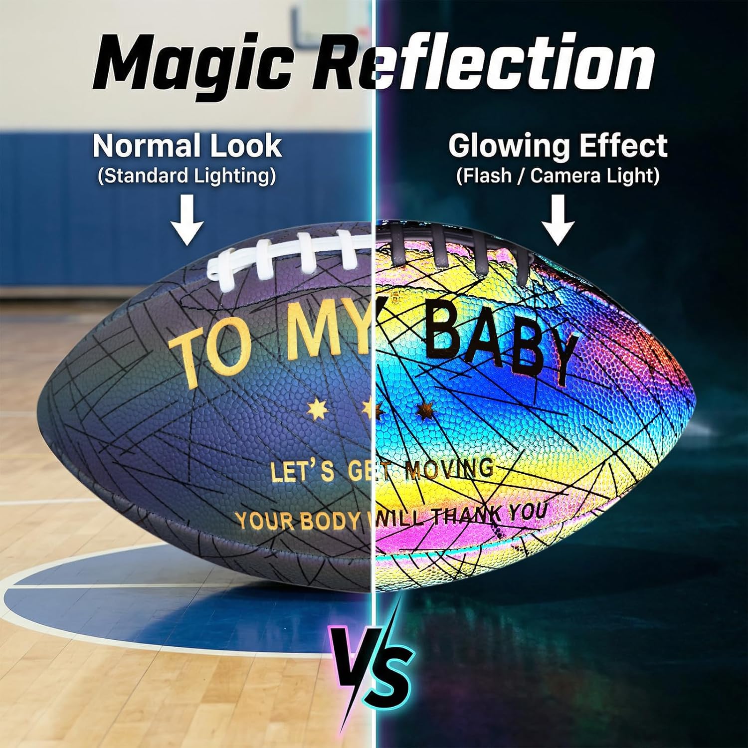 to My Son＆Little One Holographic Reflective American Football Size9-Glow in The Dark Cool Luminous Outdoor Football for Safe Night Games, for