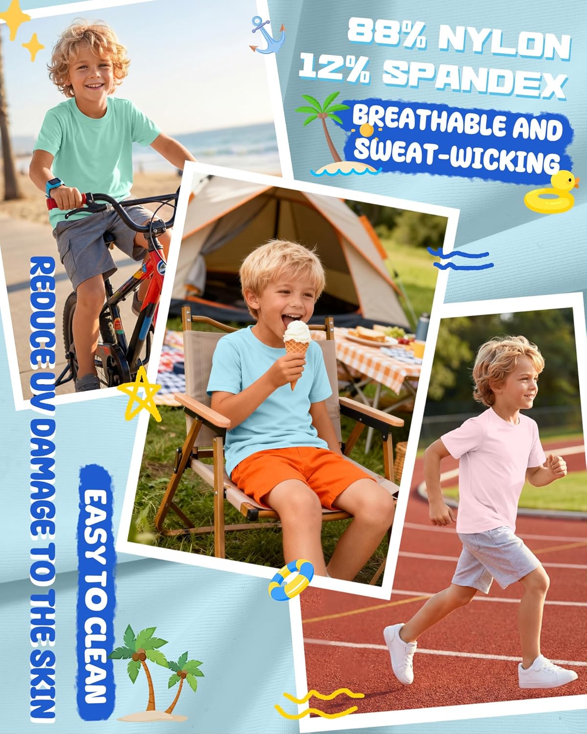 3 Pack Boys Short Sleeve Shirts Crew Neck Sun Protection Quick Drying Tops UPF 50+ Slim Rash Guard Swim Summer Tees