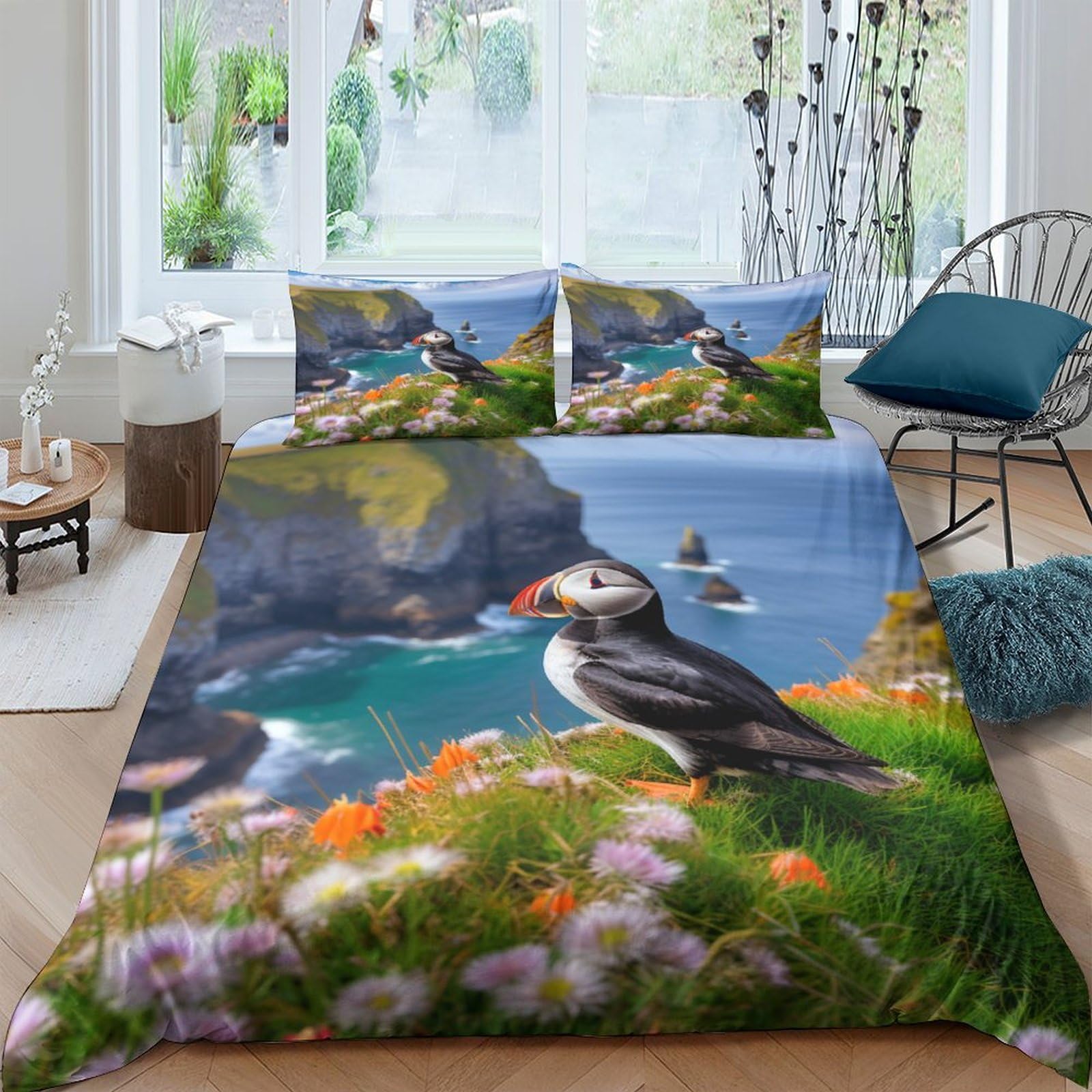 ZHUICHENG Puffin Microfiber Duvet Cover 3 Pieces Reversible Seaside Birds Quilt Cover Easy Care Comforter Cover with Easy Care Pillowcases for Kids Adult Teens All Seasons Bedding King（220x240cm）