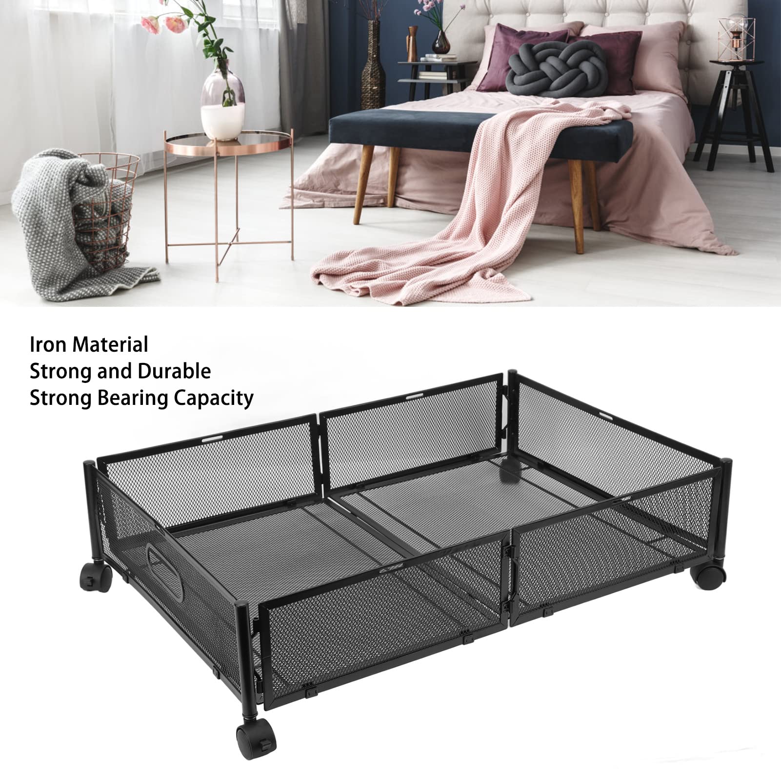 Metalowy Organizer Pod łóżkiem Wydajna, Wysuwana Szuflada Pod łóżkiem na Ubrania, Zabawki, Oddychająca, Pyłoszczelna do Szafy w Sypialni w Domu, 23,6 X 15,9 X 6,3 Cala (BLACK)