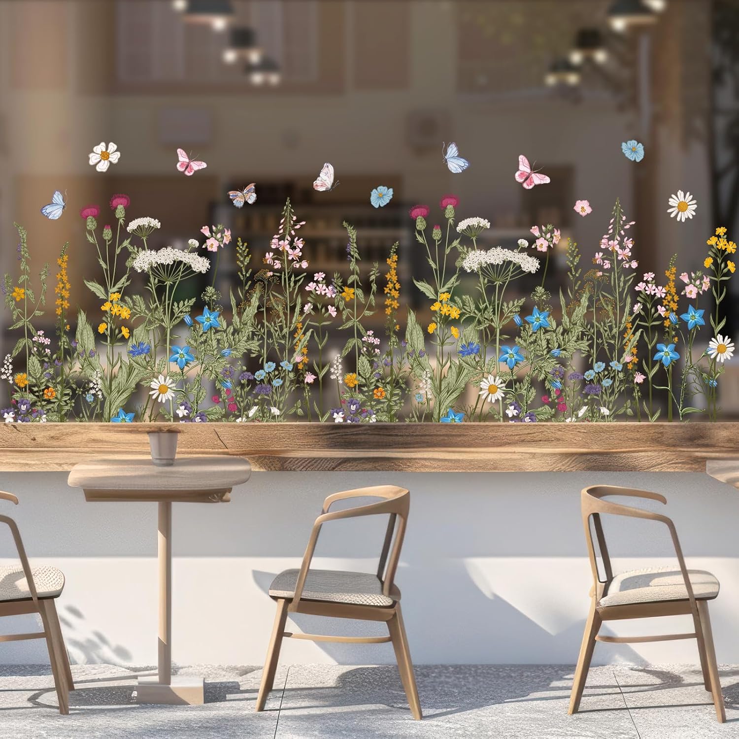 FYSUIMU Vintage Wildflower Shop Window Clings Green Retro Floral Butterfly Reusable Static Window Decal for Mirror Glass Retail Storefront Display Cafe Store Decor