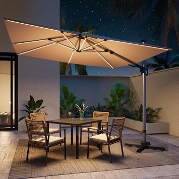 LAUSAINT HOME Outdoor Patio Umbrella with Solar Lights, 10 FT Large Cantilever Umbrella Windproof Offset Patio Umbrellas for Garden, Deck, Lawn, Pool, Backyard Square, Beige