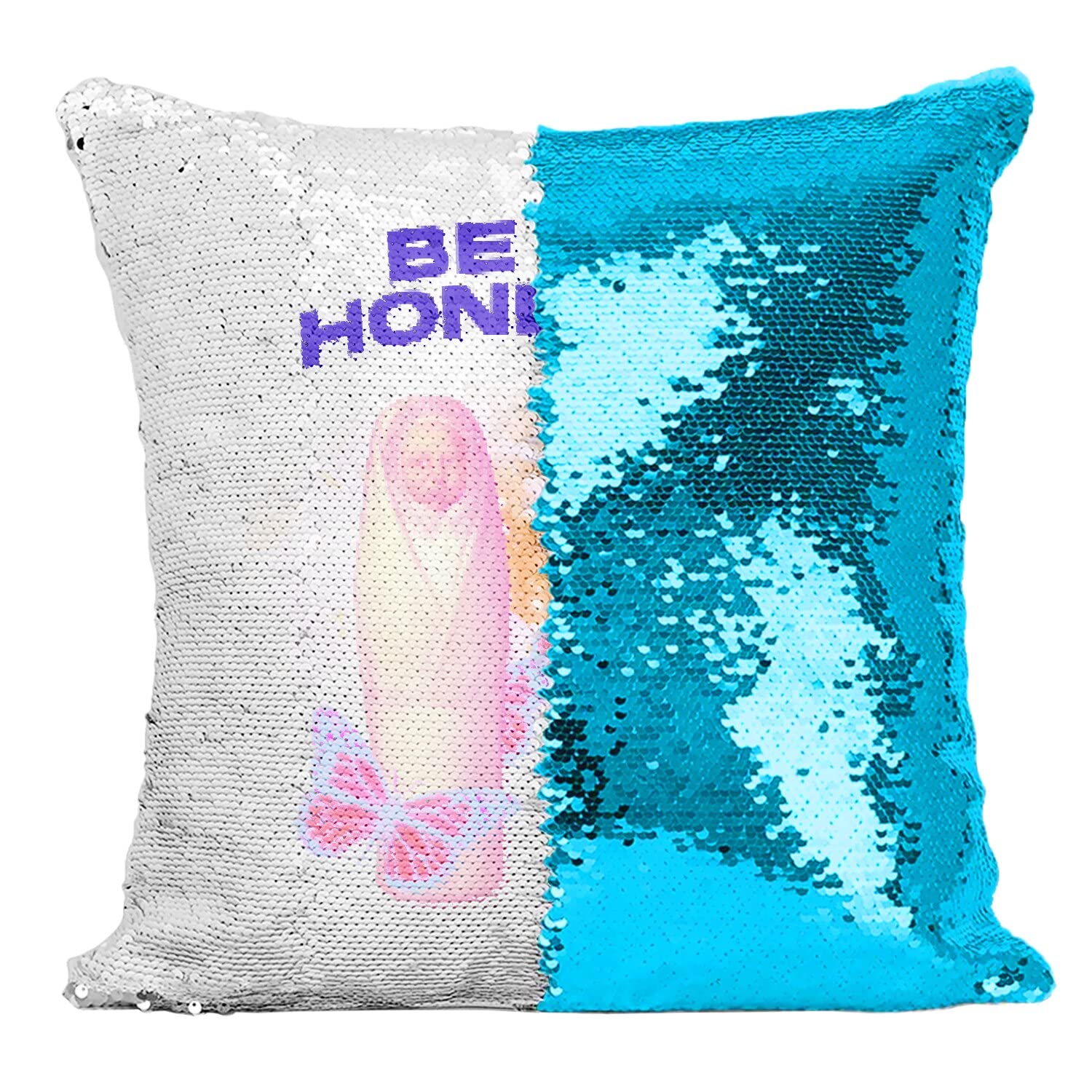 Coussin sequin turquoise réversible au design collage vintage unique