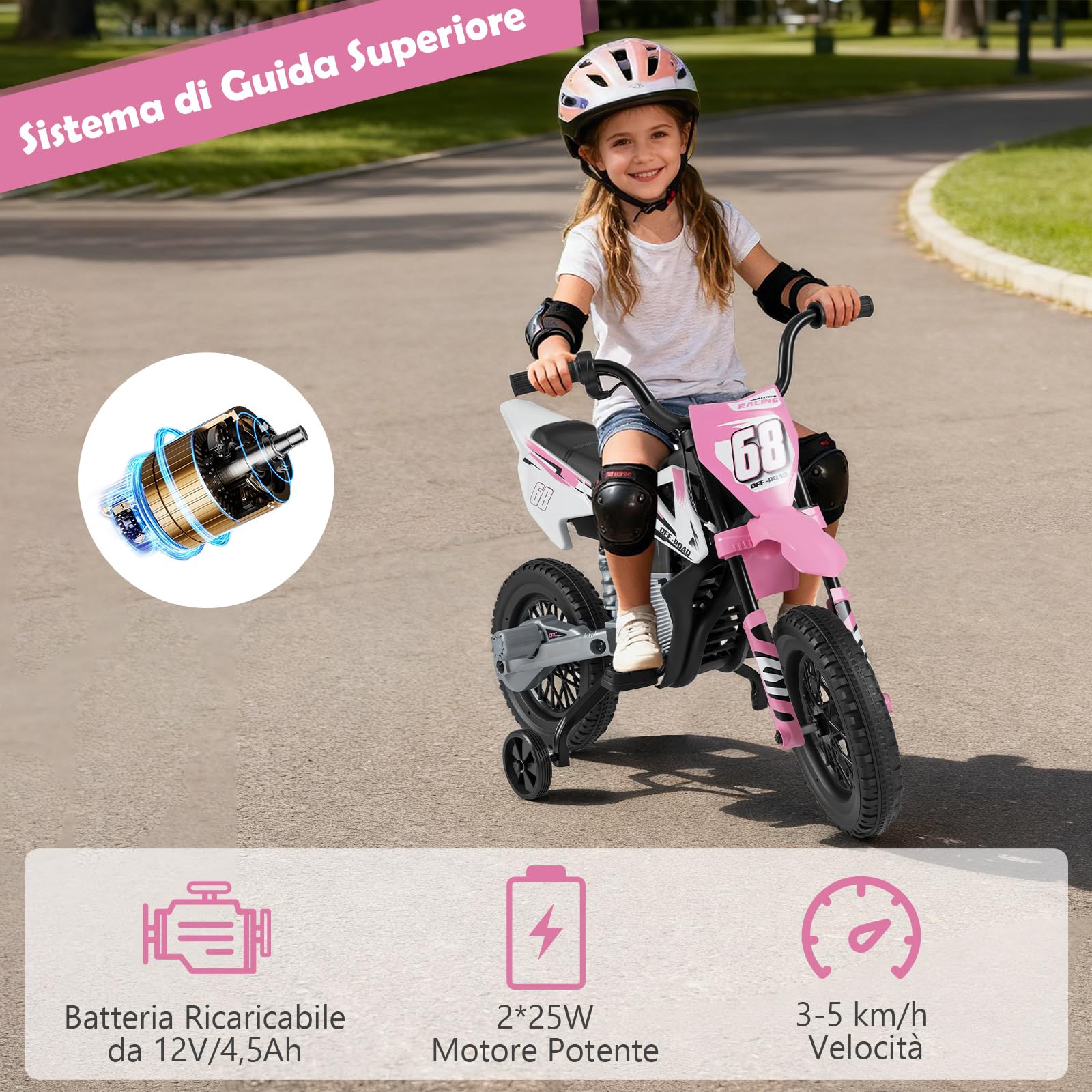COSTWAY 12V Moto Elettrica per Bambini, Motorino Elettrico con Ruote di Allenamento Rimovibili, Sospensione a Molla, Musica e Connessione Wireless, Motocicletta Cavalcabile per 3-8 Anni (Rosa)