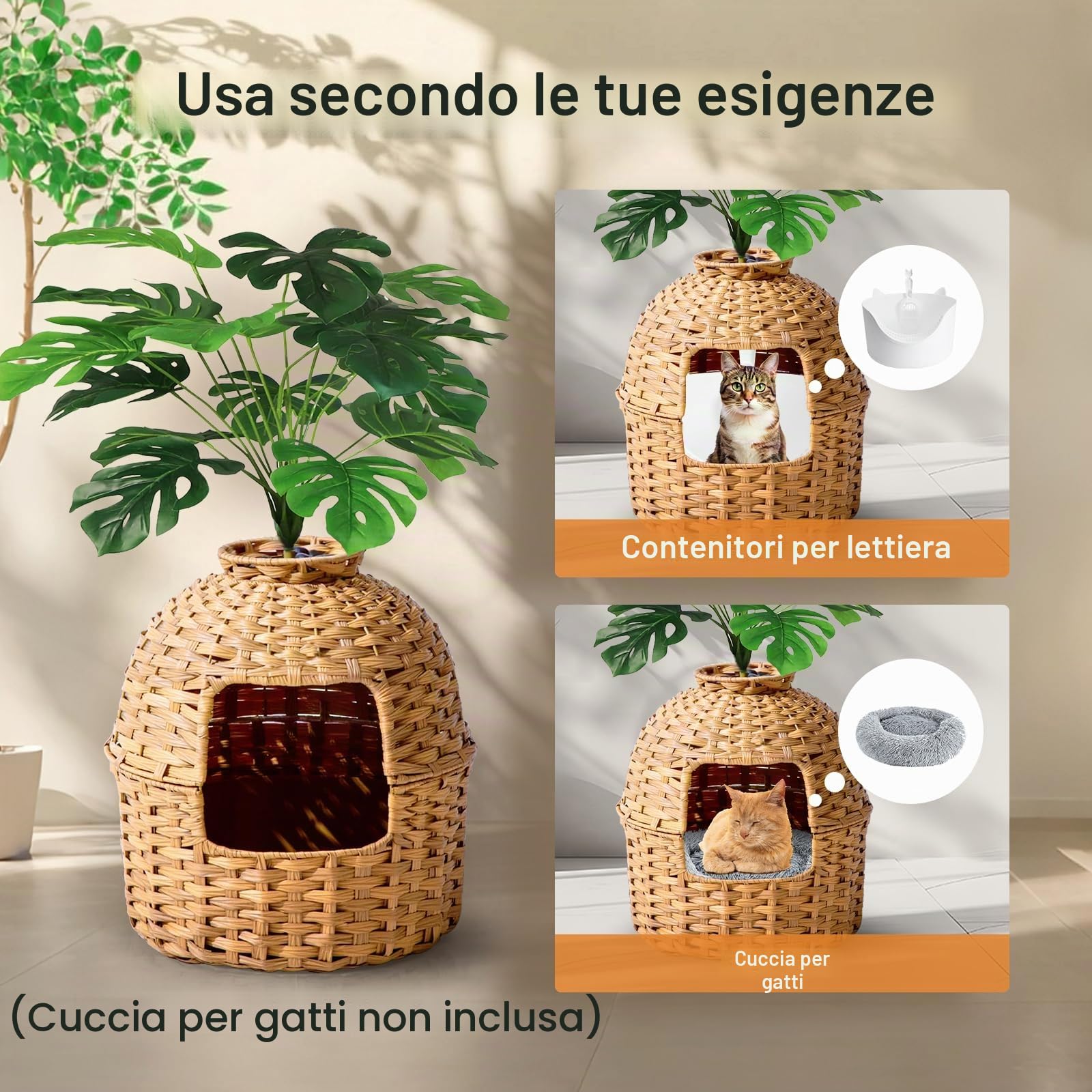 Lettiera per gatti nascosta con pianta e pala, in rattan intrecciato a mano, con controllo degli odori e filtro al carbone (naturale, porta quadrata)