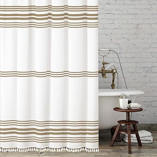 Seasonwood Cortina de ducha beige y blanca con borlas, 72 x 72 pulgadas, cortinas de ducha neutras para baño, cortina de ducha moderna a rayas