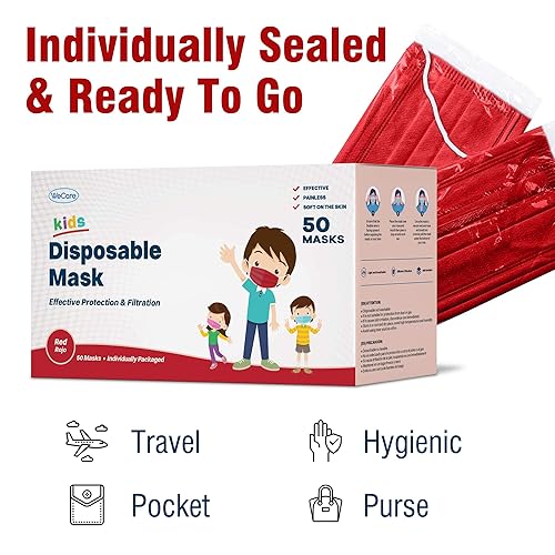 Miniatura 3 de WeCare cubrebocas desechables para niños, envueltos individualmente, para niños y niñas, Rojo