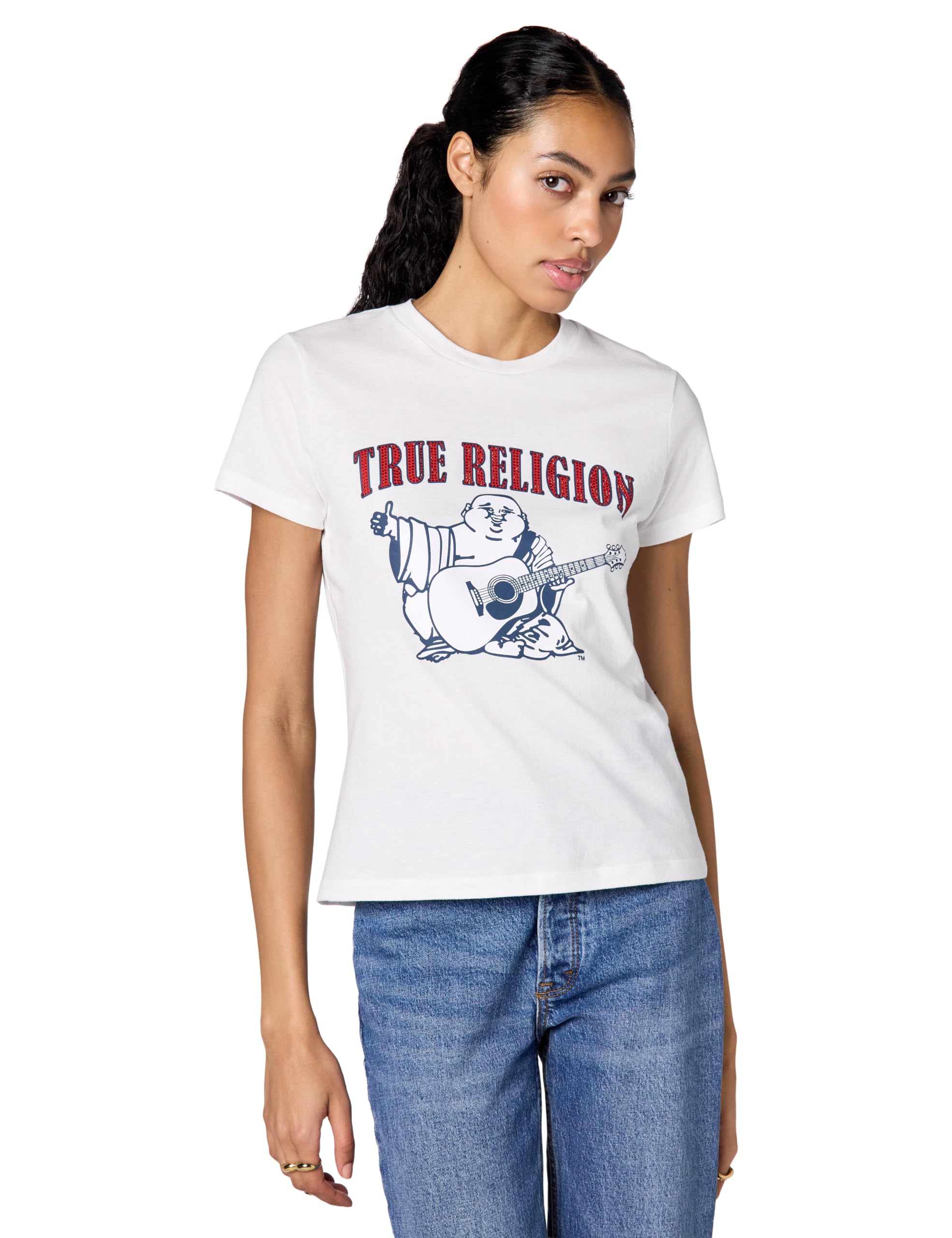 True Religion Women's Buddha Slim Vneck Tee, Optic White, XS