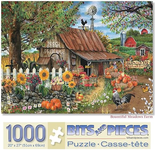 Bits and Pieces Rompecabezas de 1000 piezas para adultos - Bountiful Meadows Farm - Girasoles, calabazas, rompecabezas de granja por el artista