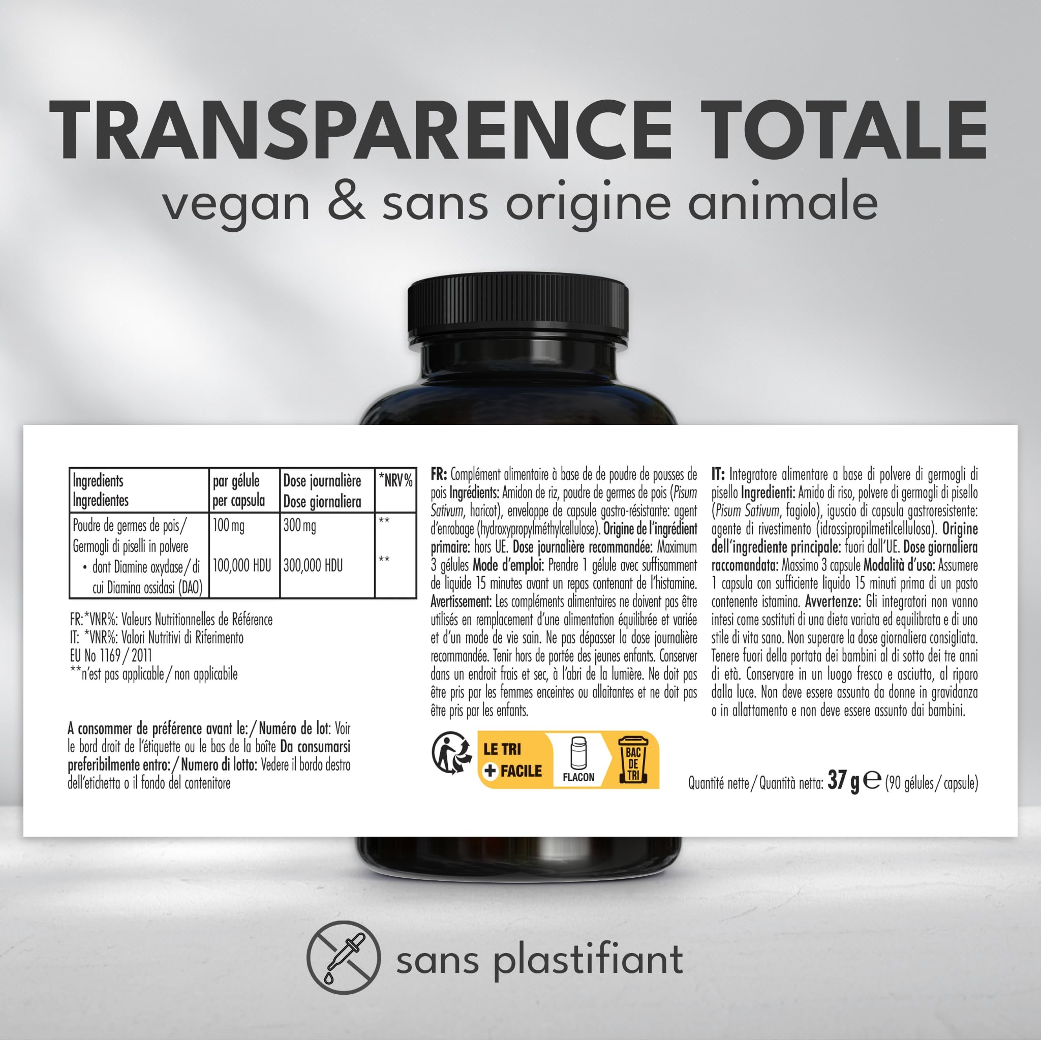Green Naturals® DAO Vegan – Haute dose 300 000 HDU par dose journalière – Gélules gastro-résistantes – Enzyme DAO végétale issue de protéines de pois – Avec 100 mg de pousses de pois – 90 gélules | 100 000 HDU par capsule · Diaminoxase à partir de pousses