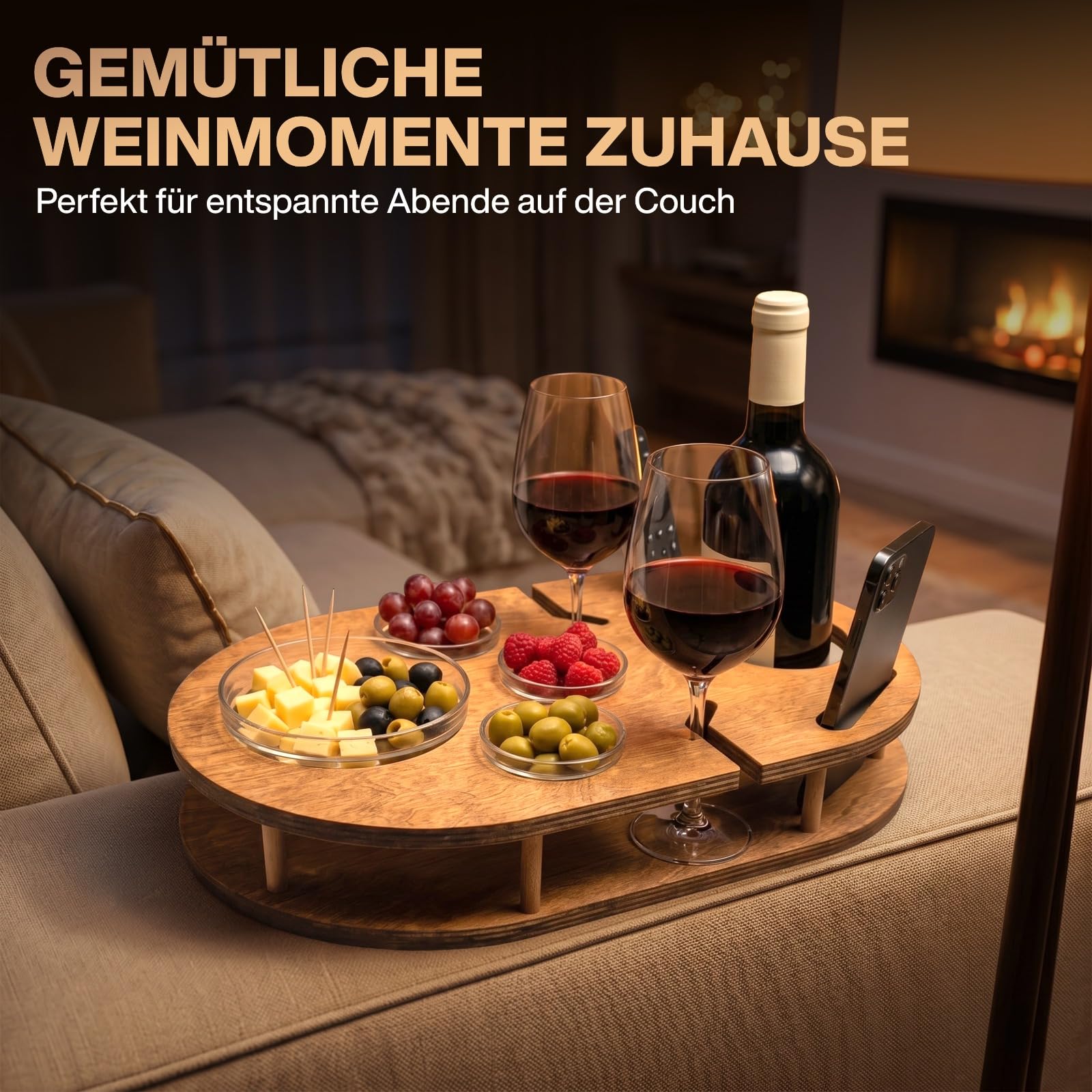Couchbar Weinbar in Eiche mit 4 Glasschalen | PERSONALISIERBAR | Snackbox für Wein mit Getränkehalterung für Weingläser und Weinflasche | Sofabar für Snacks | Couch Bar personalisiert