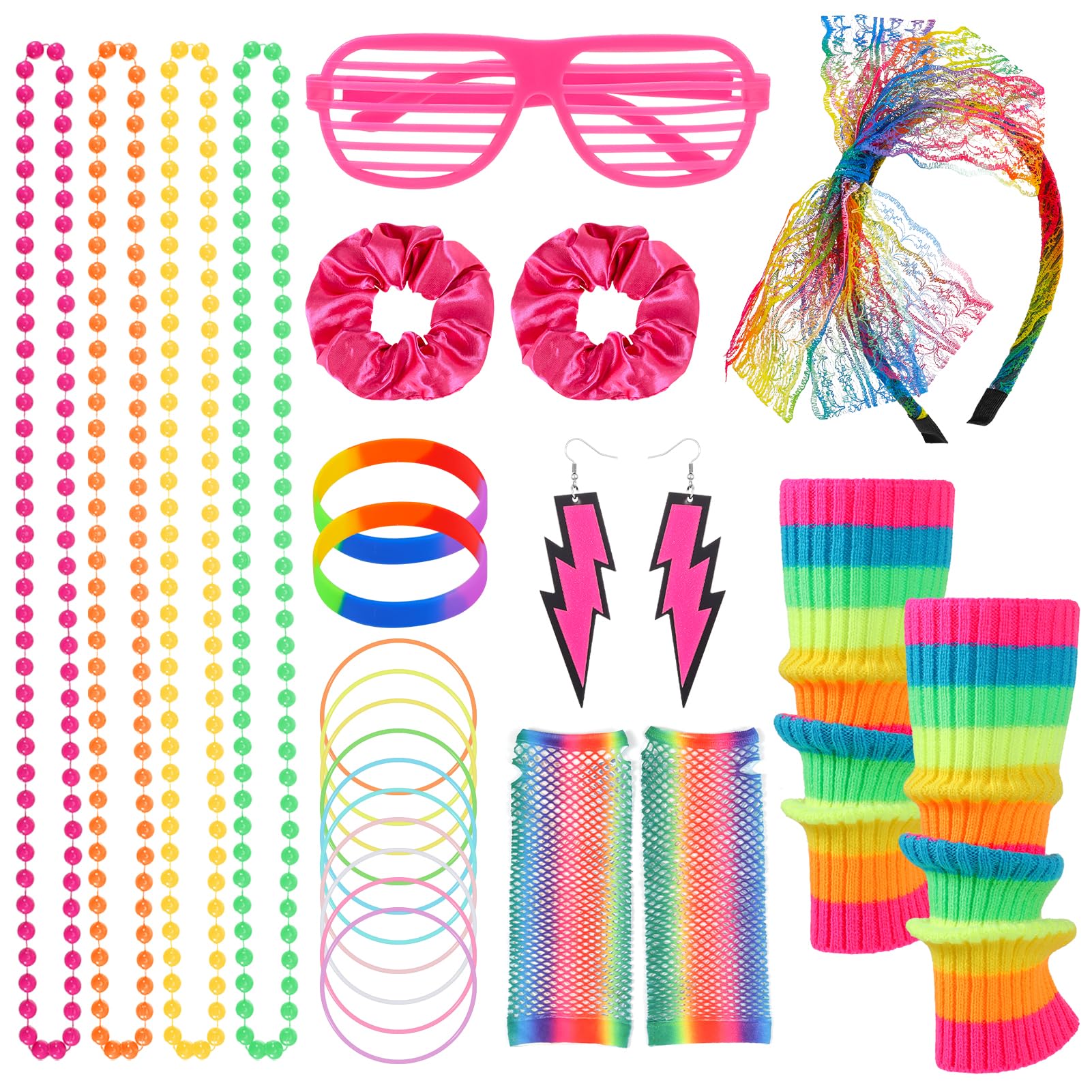 80s Fancy Party Costume Accessories Set,1980s Fancy Dress for Women,Neon Leg Warmers Fishnet Gloves Earrings Bracelet Necklace Headband Sunglasses,Retro Outfit for 80s Party Dress up Day