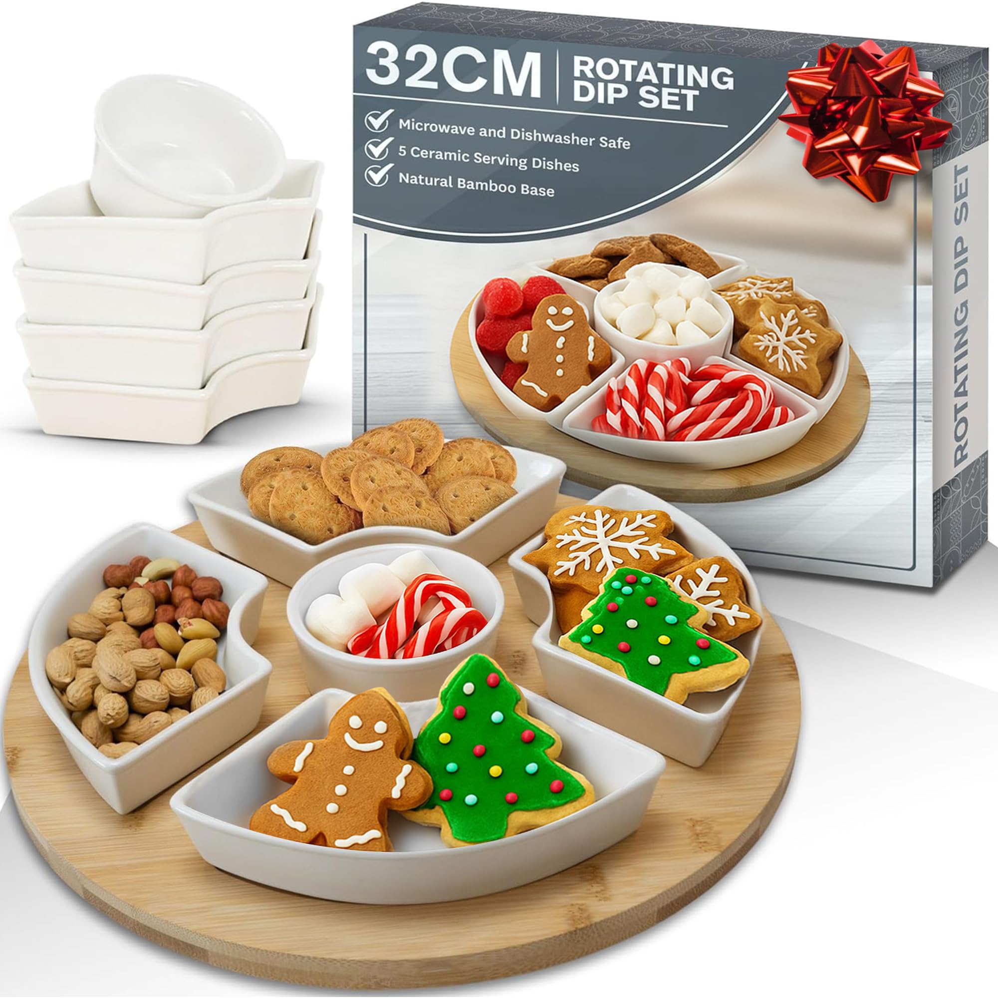 LaDonna Rotating Dip Set with Lazy Susan Turntable Wooden Tray - Ceramic Bowls Set of 5 Serving Platter - Dining Table Centrepiece - Serving Platters for Parties, Dips & Snacks