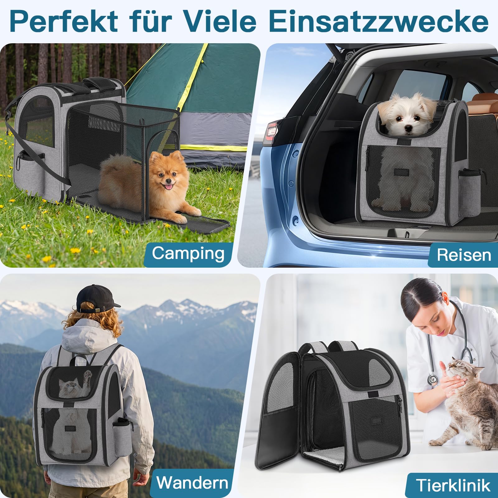 Erweiterbar Hunderucksack bis 10kg, Haustier Rucksack mit Netzfenster, Faltbare Katzenrucksack Hunde Rucksack, Atmungsaktive Cat Dog Backpack mit Innerer Sicherheitsleine und Haustiermatte - Grau