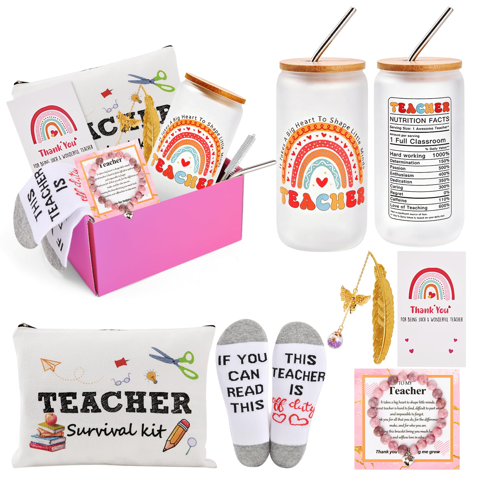 Rerirok Teacher Appreciation Gifts for Women,Thoughtful and Practical Present for Educators, Include 16 OZ Glass Cup,Makeup Bag,Socks,Feather Bookmark (Teacher Gift)