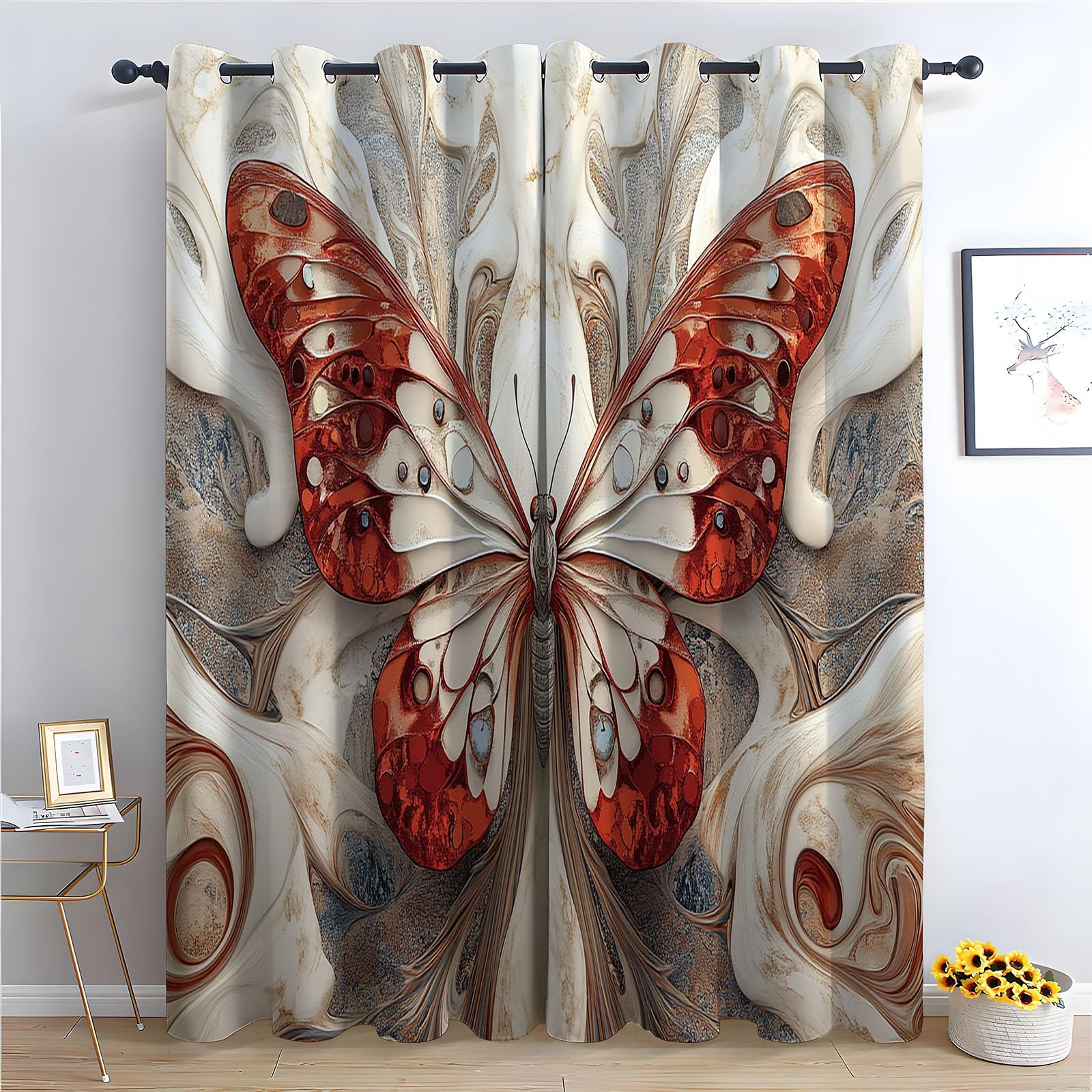 Vorhänge Blickdicht Abstrakt - Retro rote Schmetterlinge abstrakte Optik Abstrakt Modern Wohnzimmer Gardinen Vorhänge kurz Schlafzimmer Küchengardinen Decor-H180 x B100 cm (2er Pack)