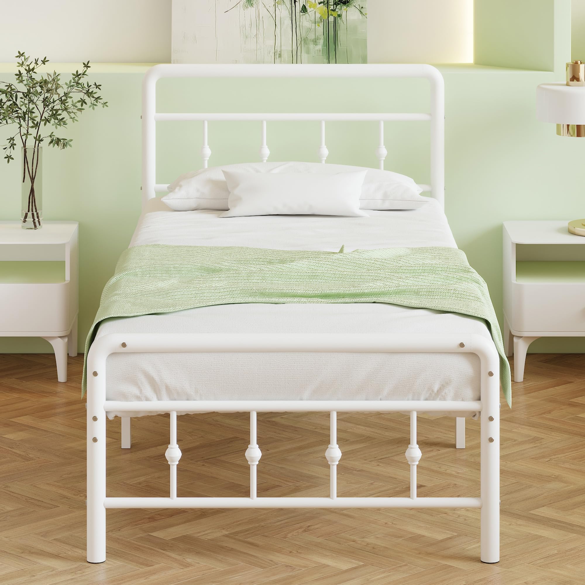 Cieemine 14 Inch White Twin Bed Frames with Victorian Headboard and Footboard, Heavy Duty Vintage Twin Bed Frame No Box Spring Needed, Metal Mattress