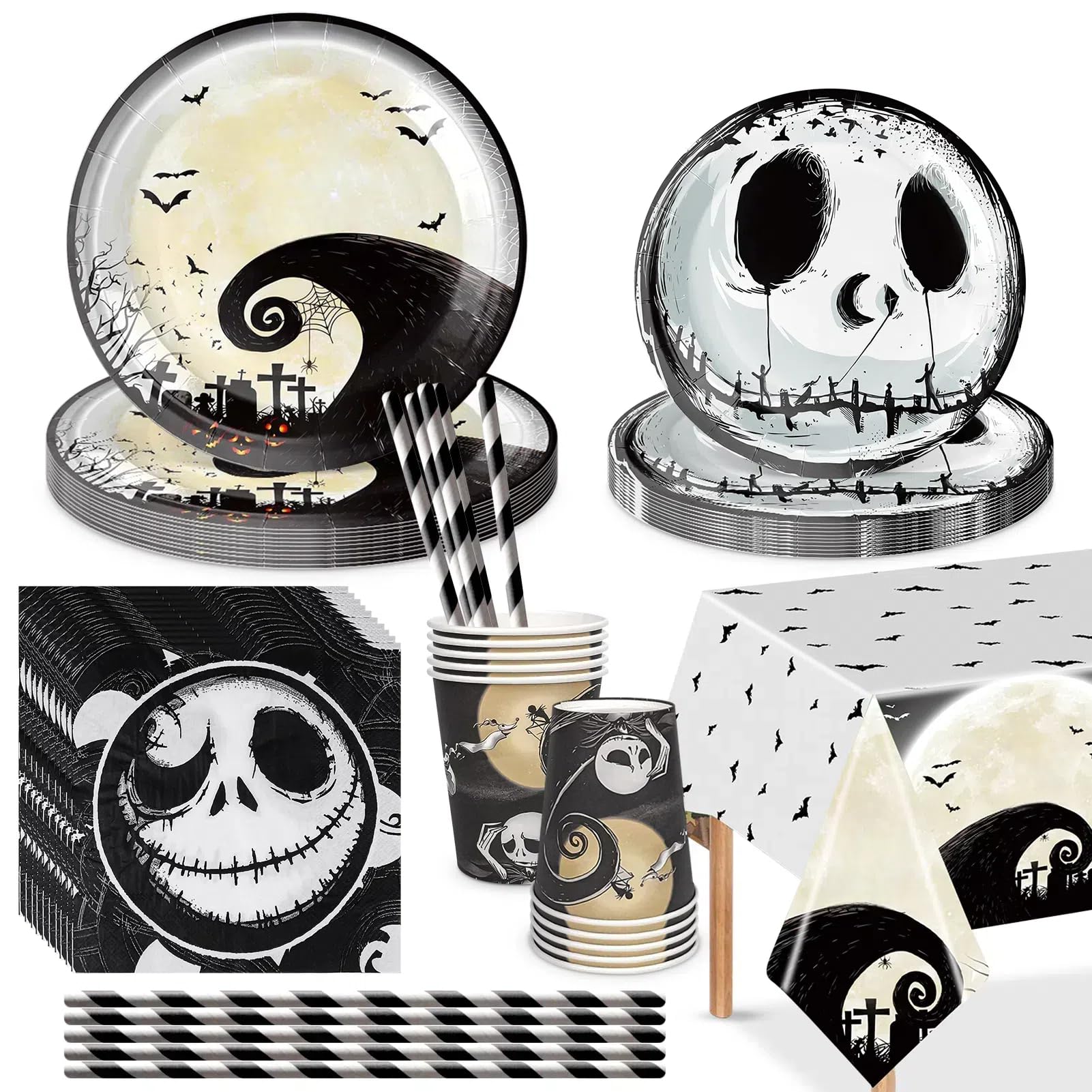 Set Stoviglie Halloween 51 Pezzi - Piatti, Bicchieri, Tovaglioli Con Scheletri - Per Feste Da 10 Ospiti - Foto 6