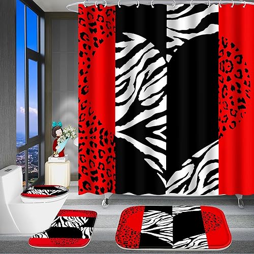 Poedist Juego de 4 cortinas de ducha de baño, juego de cortina de ducha con estampado de leopardo rojo con alfombras (tapete de baño, en forma de U