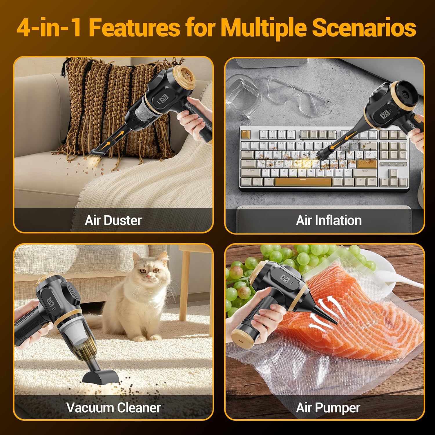 BELIBUY YACQ-1308 Portable Car Vacuum Cleaner demonstrating 4-in-1 functions: Air Duster, Air Inflation, Vacuum Cleaner, and Air Pumper