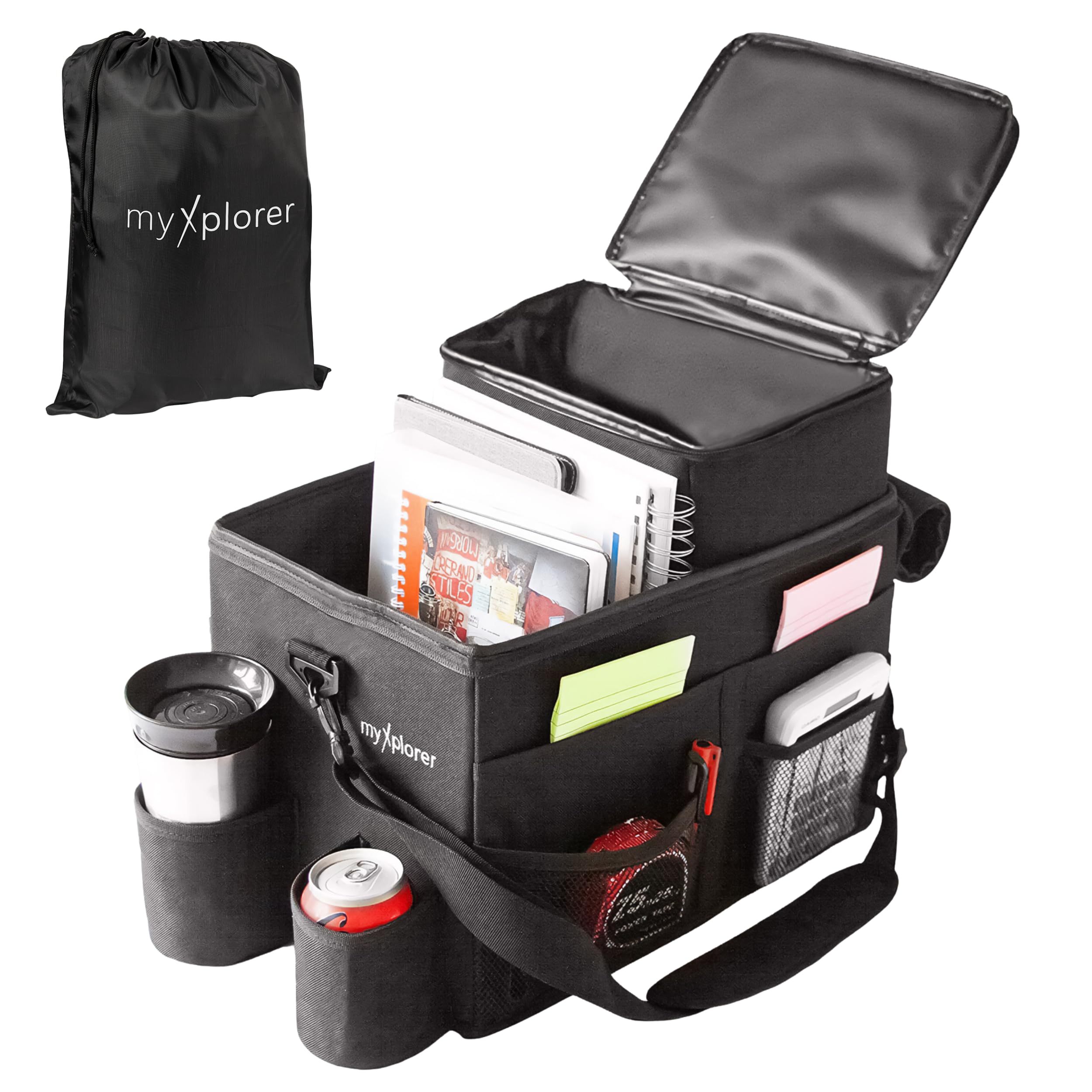 Organizzatore per sedile anteriore per furgone e auto con sacchetto termico, vano portaoggetti multi-scomparto, cinghia di trasporto imbottita, clip antiscivolo, 26 L (nero)