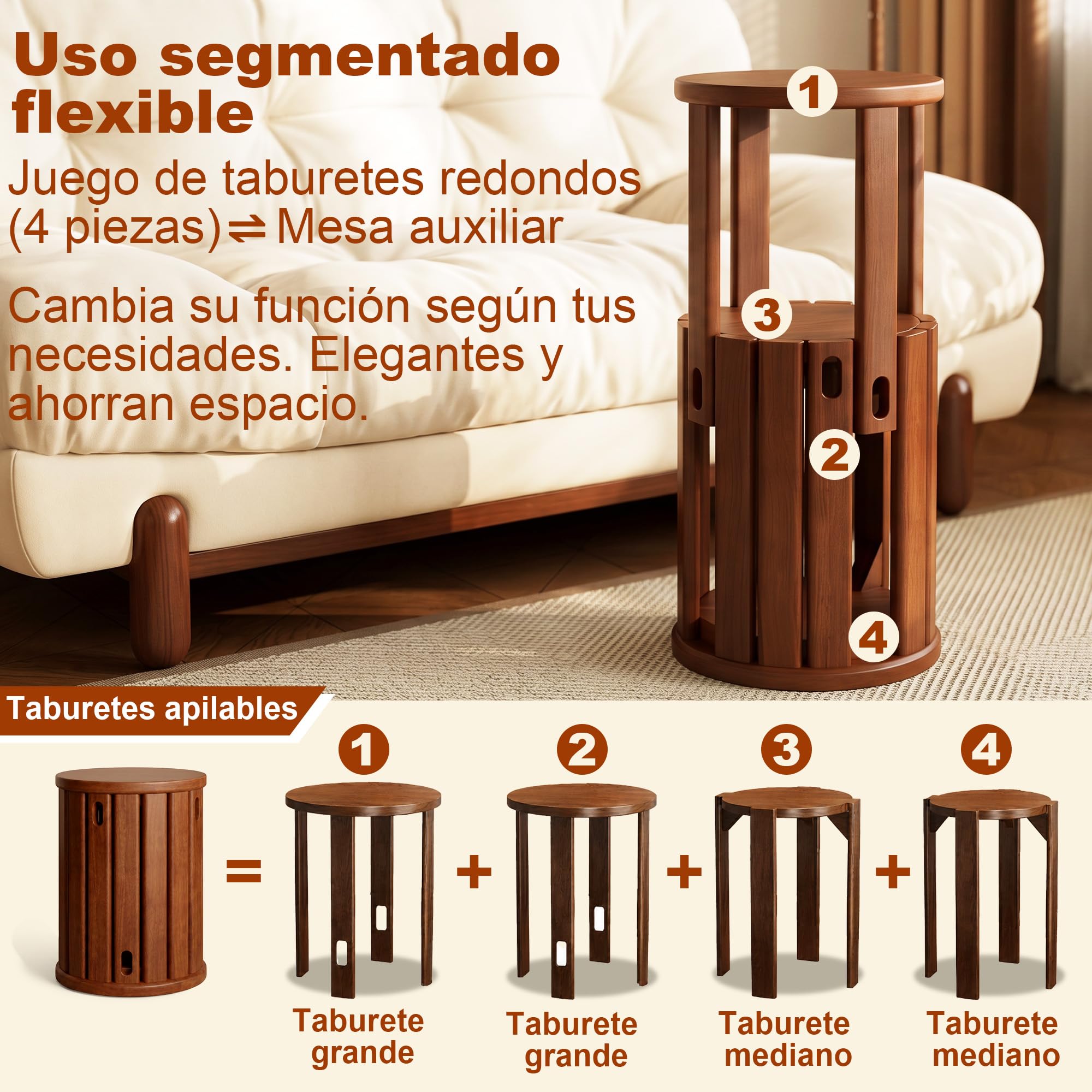 Set De 4 Taburetes Apilables De Madera Maciza Sin Instalación - Sillas De Comedor 4 En 1 Taburete para Tocador Sillas De Cocina Sillas para Mesa De Comedor Multifuncionales Desmontables