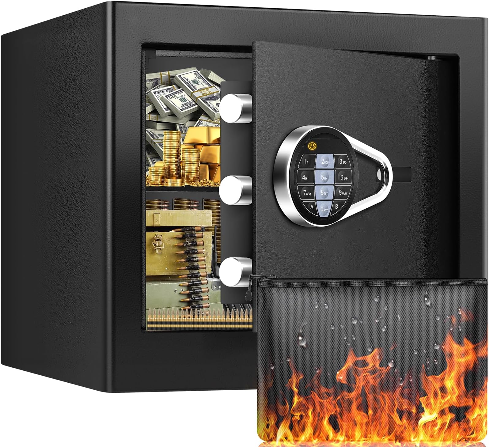 1.2 Cuft Fire Proof Safe Boxes for Home, Digital Home Security Safe Box with Fireproof Money Bag, Combio Keypad and Spare Keys, Personal Safe Fireproof Lock Box for Home Medicine Valuable Document