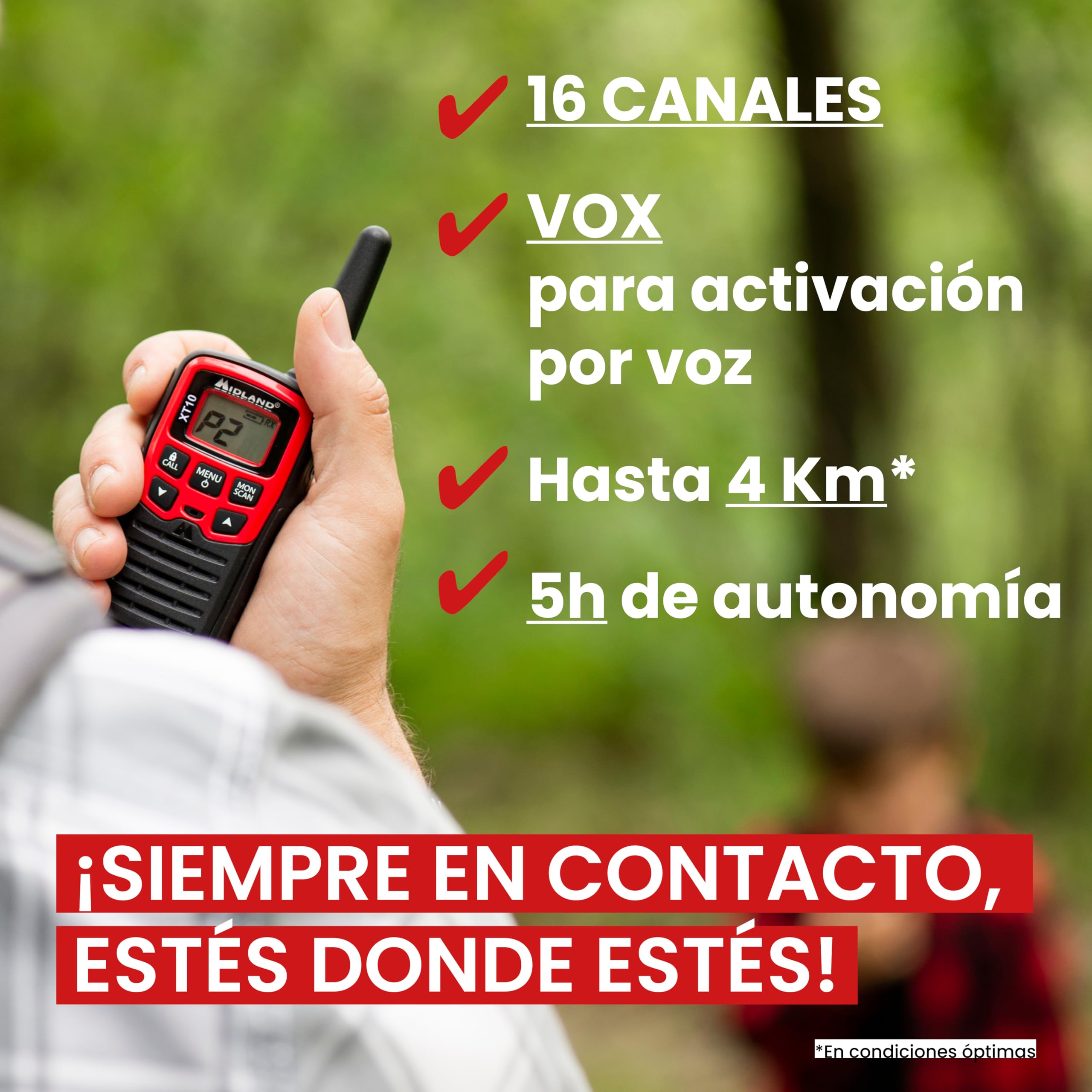 Midland - Walkie Talkie Profesional XT10, 2 Radioaficionados de Nivel Inicial para Trekking, Caza y Outdoor, 16 Canales PMR446 sin Licencia, Alcance 4Km, 38 Tonos CTCSS, VOX, SCAN, 2 Clips Cinturón