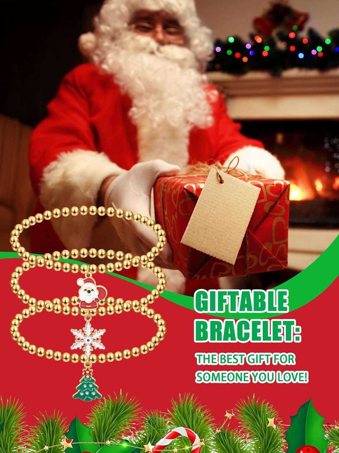 Cunno 24 Pack Christmas Gold Beaded Bracelets with Pendant Santa Snowflake Xmas Tree Gold Stretchable Bracelets Christmas Charms Jewelry Gift Bulk for Women Family Friends Holiday Party Favors - Image 6