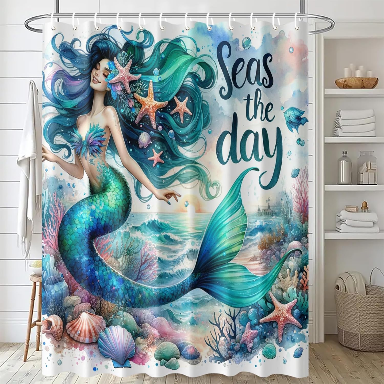 Mermaid Shower Curtain 72x72 Inch Cute Ocean Theme Bathroom Curtain with Seas The Day Quote for Girls Bathroom or Fantasy Decor