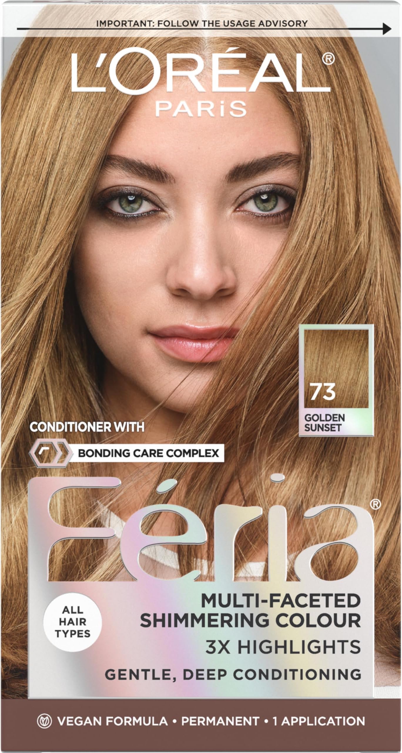L'Oreal Paris Feria Multi-Faceted Shimmering Permanent Hair Color, 73 Golden Sunset (Dark Golden Blonde), Pack of 1, Hair Dye