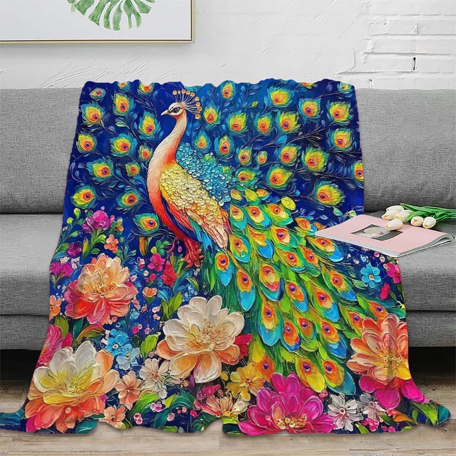 Couverture paon imprimé 3D en microfibre douce et chaude pour lit et canapé de 127x152 cm