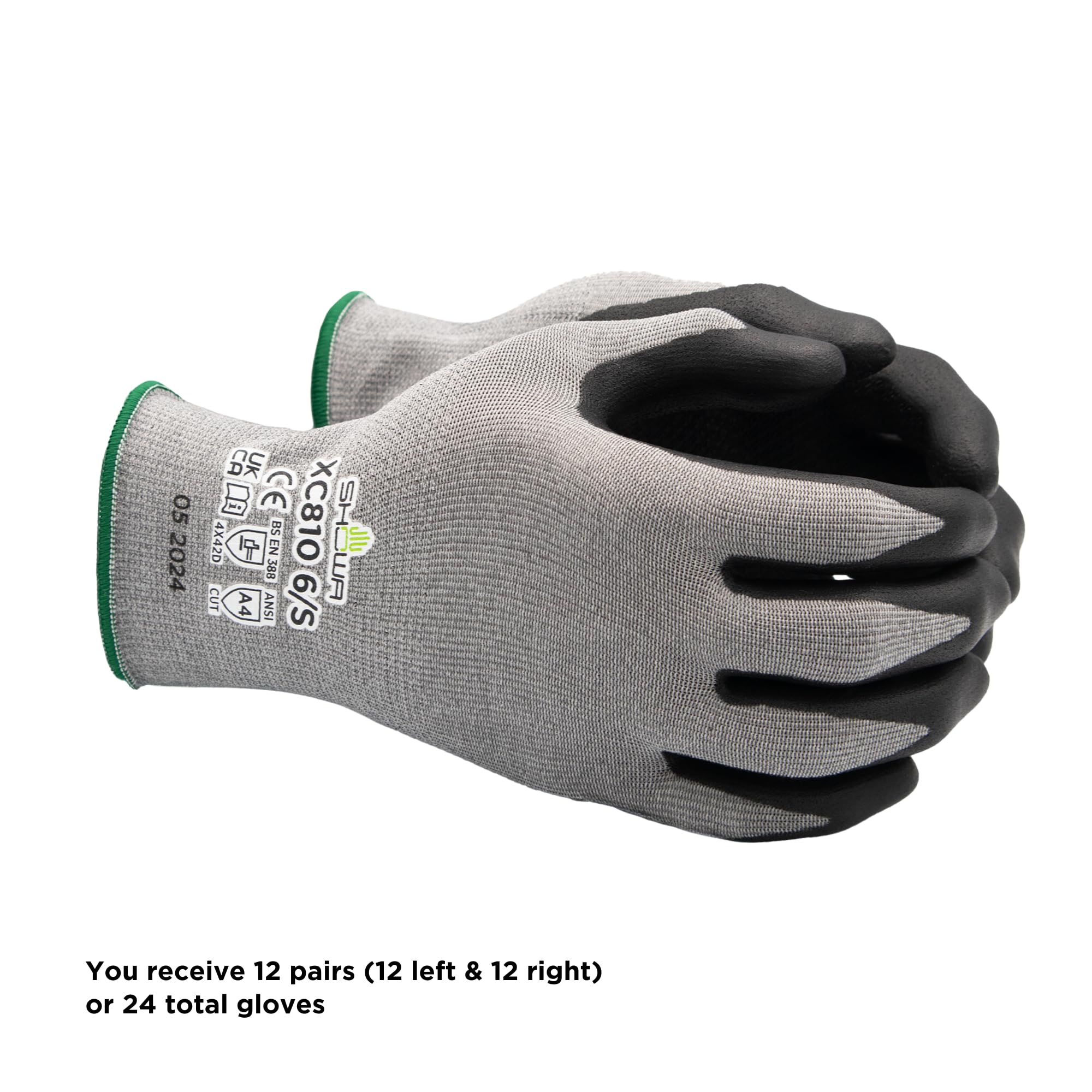SHOWA XC810, Mechanical and Industrial Protective Gloves, Nitrile Palm Coating, Cut level D, Touch Screen Compatible, Grey, 12 Pairs, Size X-large
