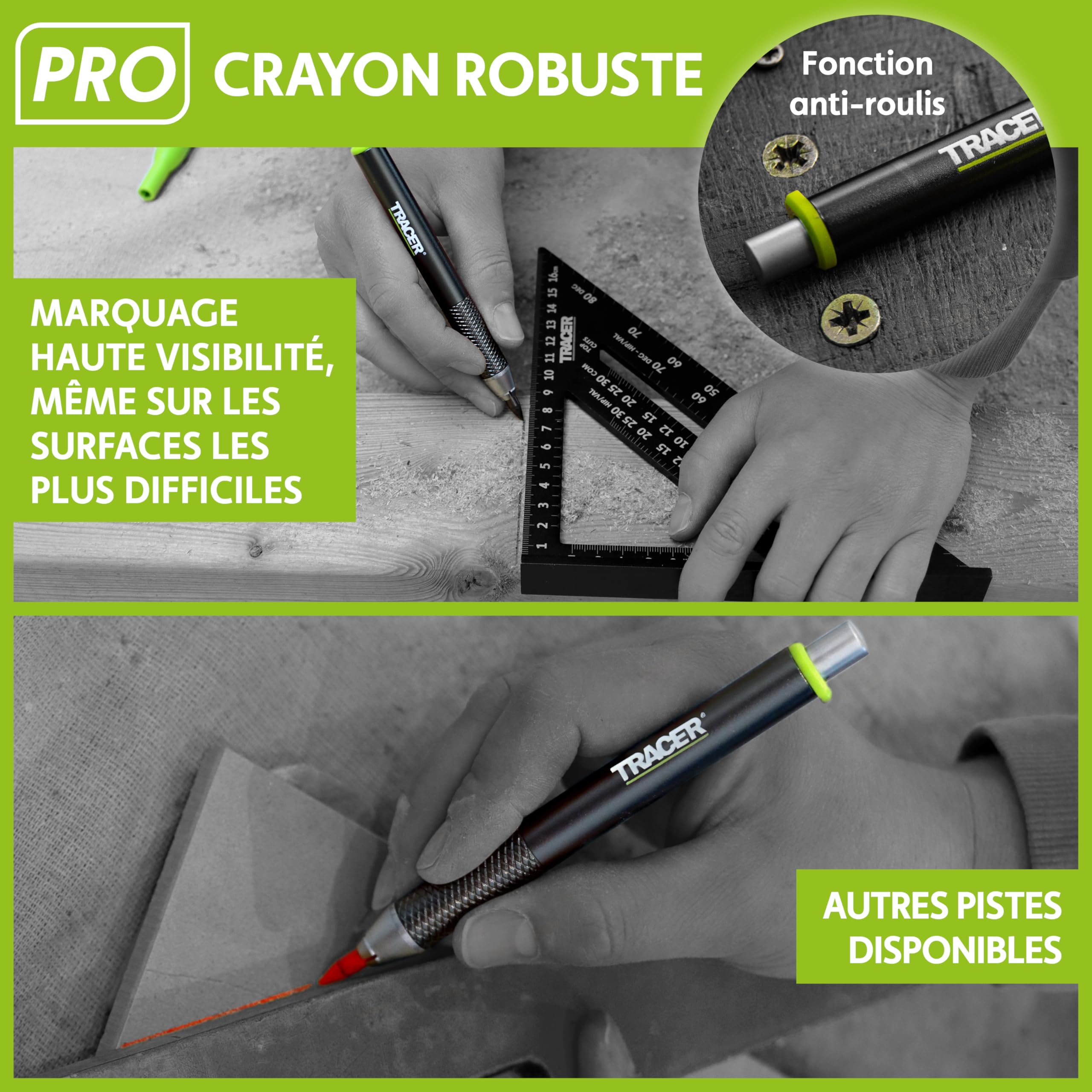 Tracer Pro Series – Kit de 5 marqueurs de construction avec étui de rangement – Crayon de charpentier à trou profond, crayon de précision, crayon résistant et distributeurs de mines de rechange
