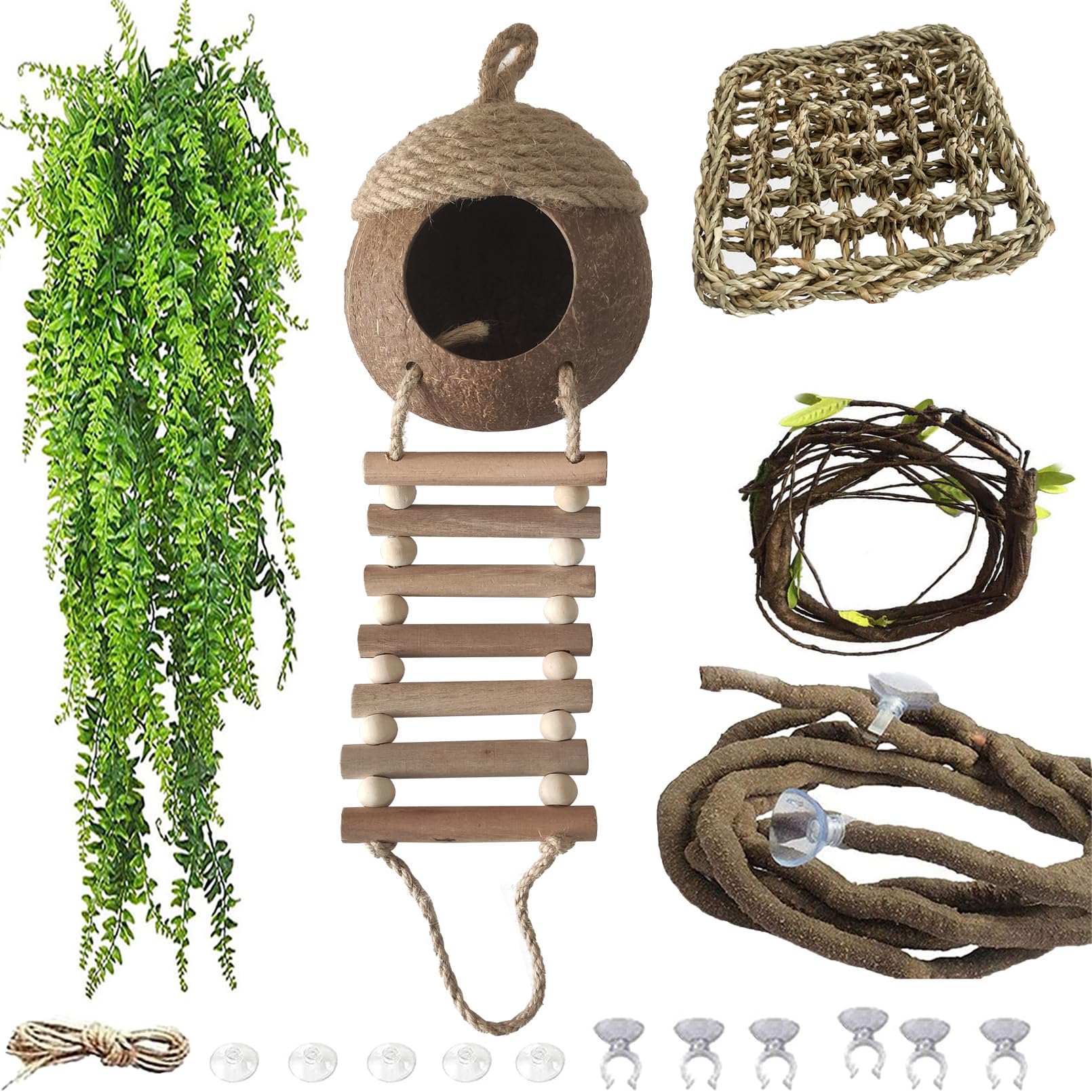 MUYG Lizard Coco Den with Ladder,5PCS Leopard Gecko Tank Accessories Reptile Terrarium Plants Hammock Coconut Hut Hide Hanging Reptile Decor for