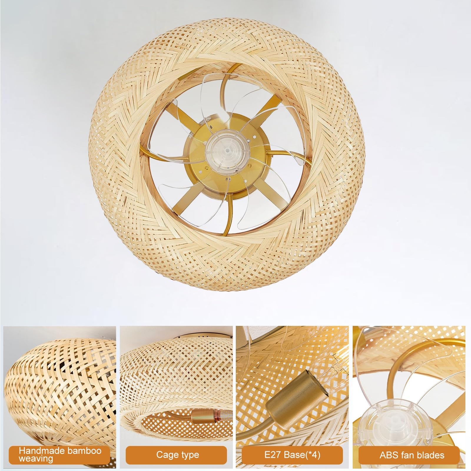 Deckenventilator mit Beleuchtung, Leise E27 Retro Bambus Deckenlampe Mit Ventilator, 50cm Käfigbeleuchtung, 6 Geschwindigkeiten Reversibler Deckenventilatoren für Wohnzimmer Schlafzimmer Esszimmer
