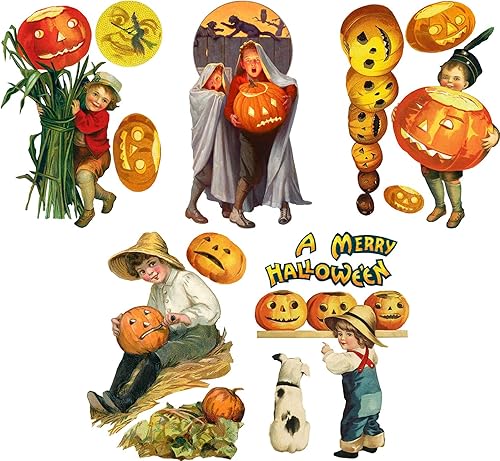 Calcomanías de pared pequeñas, ilustraciones vintage de Halloween para niños y calabazas. Calcomanías de pared coloridas de vinilo extraíbles.