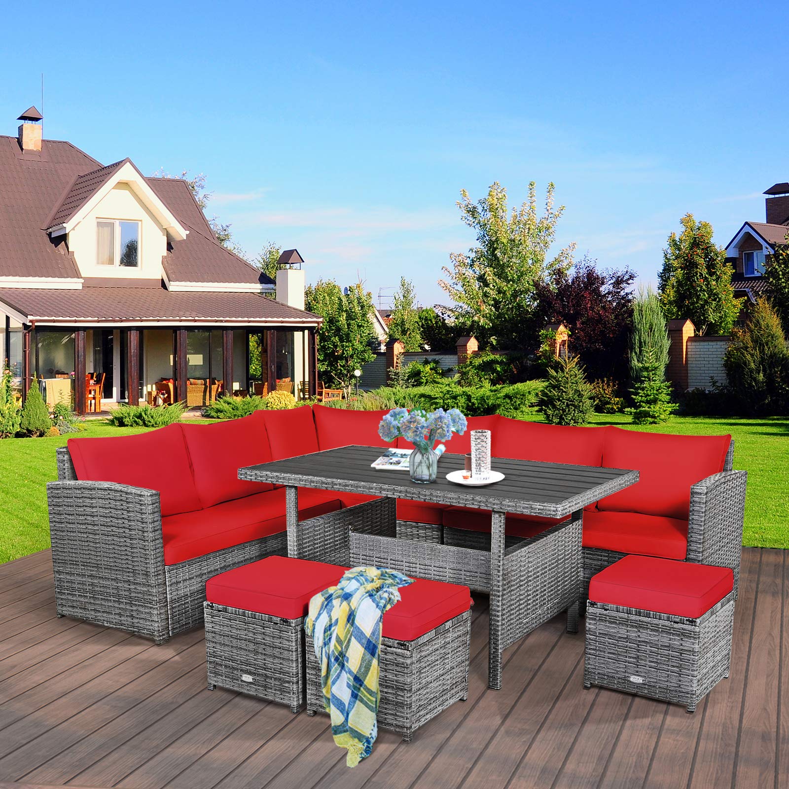 Juego de 7 muebles para patio, sofá seccional con cojines, juego de sofá conversación de mimbre para todo tipo de clima, mesa y otomanas para patio trasero, jardín, área de alberca. 3