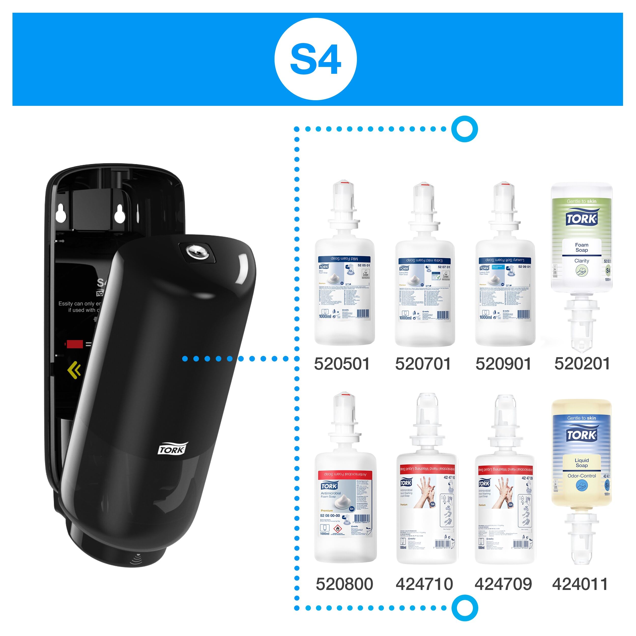 Tork Hautpflegespender Wandmontage mit Intuition Sensor Schwarz S4, für Flüssigseife, Schaumseife und Desinfektionsmittel, Elevation Linie, 561608 (x6)