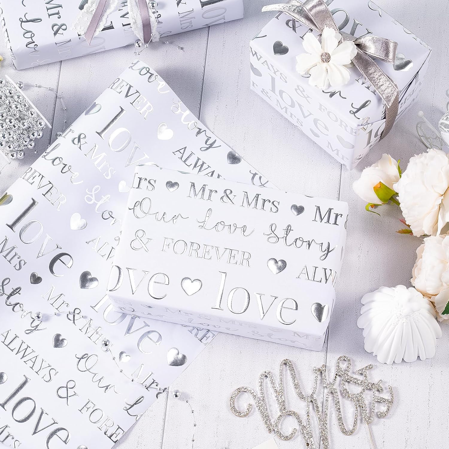 RUSPEPA Wedding Wrapping Paper, Mini Roll, Silvery Gold Foil LOVE Design, Perfect for Wedding, Bridal Shower, Anniversary, Engagement, 17 Inches x 16.5 Feet - Image 7